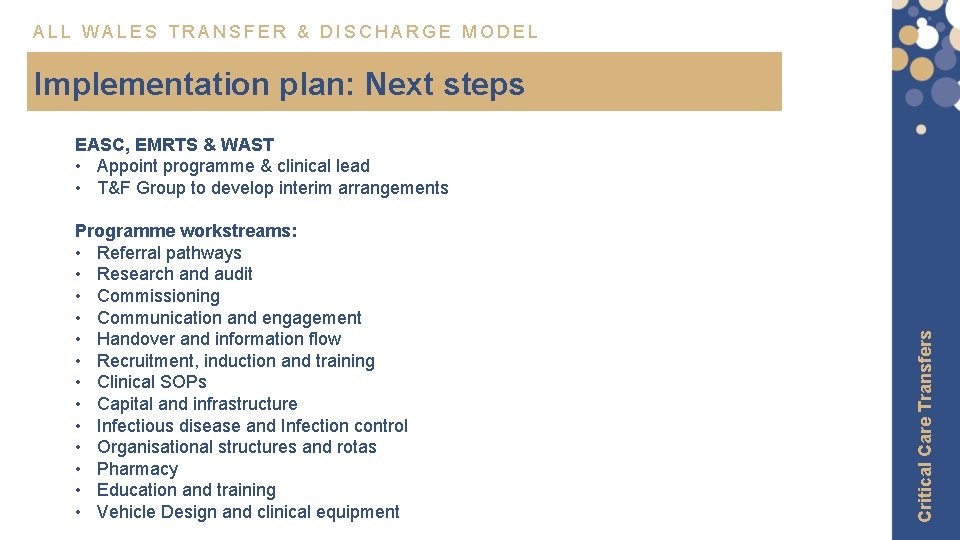 ALL WALES TRANSFER & DISCHARGE MODEL Implementation plan: Next steps Programme workstreams: • Referral