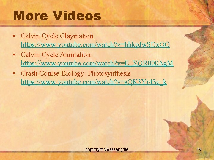 More Videos • Calvin Cycle Claymation https: //www. youtube. com/watch? v=hhkp. Jw. SDx. QQ