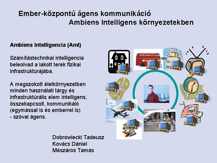 Ember-központú ágens kommunikáció Ambiens Intelligens környezetekben Ambiens Intelligencia (Am. I) Számítástechnikai intelligencia beleolvad a