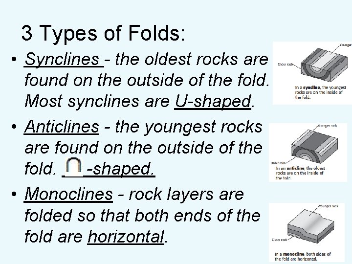 3 Types of Folds: • Synclines - the oldest rocks are found on the