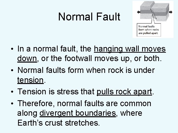 Normal Fault • In a normal fault, the hanging wall moves down, or the