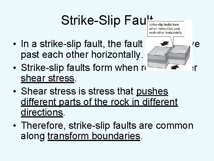 Strike-Slip Fault • In a strike-slip fault, the fault blocks move past each other