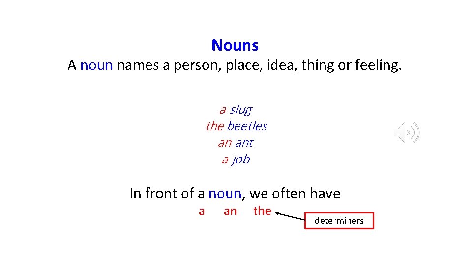 Nouns A noun names a person, place, idea, thing or feeling. a slug the