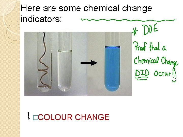 Here are some chemical change indicators: �COLOUR CHANGE 