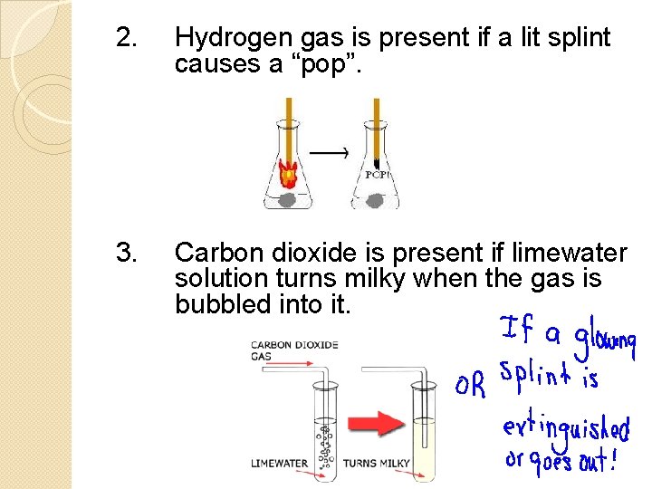 2. Hydrogen gas is present if a lit splint causes a “pop”. 3. Carbon