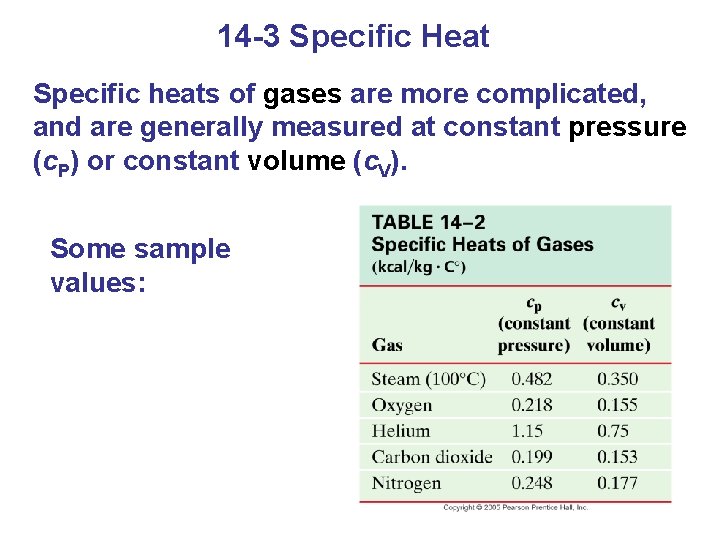 14 -3 Specific Heat Specific heats of gases are more complicated, and are generally