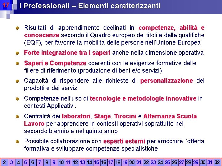 17 I Professionali – Elementi caratterizzanti Risultati di apprendimento declinati in competenze, abilità e