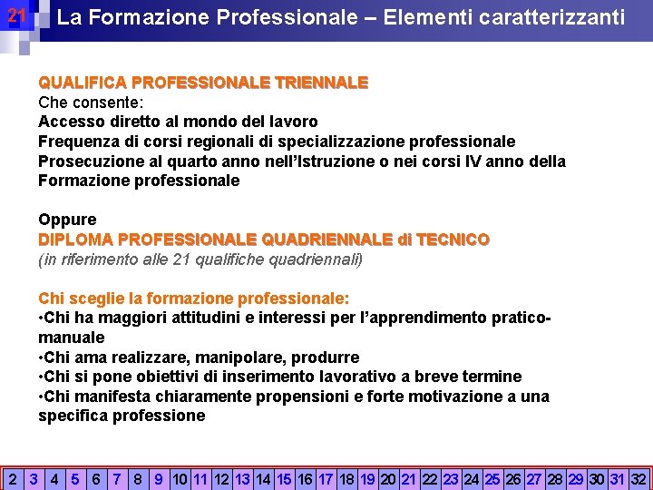 21 La Formazione Professionale – Elementi caratterizzanti QUALIFICA PROFESSIONALE TRIENNALE Che consente: Accesso diretto