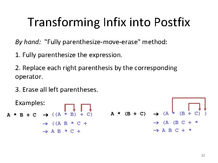 Transforming Infix into Postfix By hand: "Fully parenthesize-move-erase" method: 1. Fully parenthesize the expression.