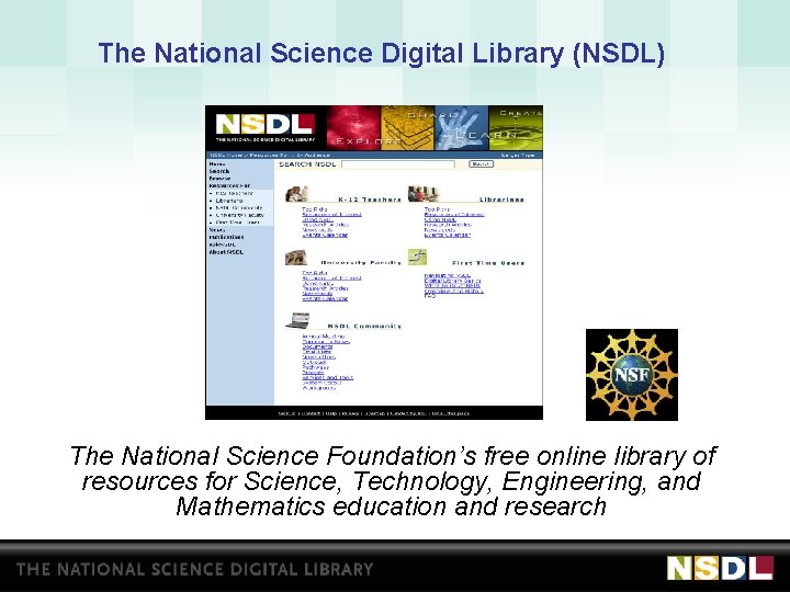 The National Science Digital Library (NSDL) The National Science Foundation’s free online library of