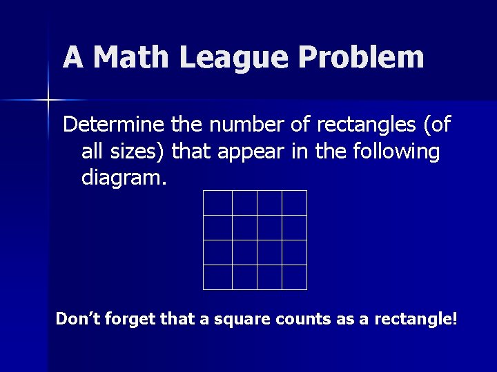 A Math League Problem Determine the number of rectangles (of all sizes) that appear