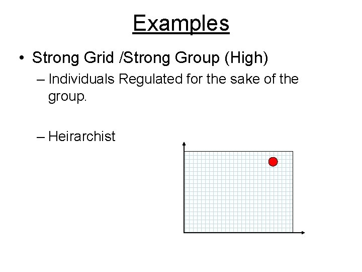 Examples • Strong Grid /Strong Group (High) – Individuals Regulated for the sake of