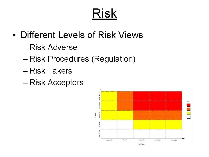 Risk • Different Levels of Risk Views – Risk Adverse – Risk Procedures (Regulation)