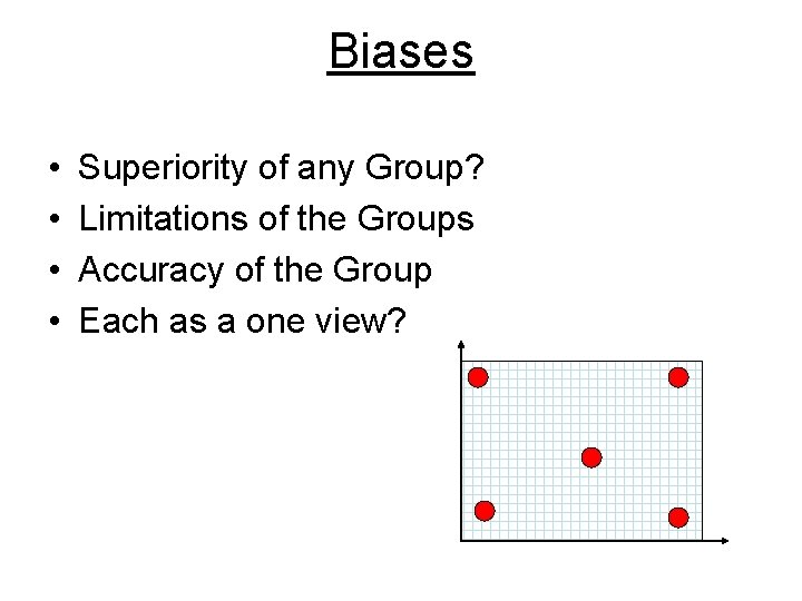 Biases • • Superiority of any Group? Limitations of the Groups Accuracy of the