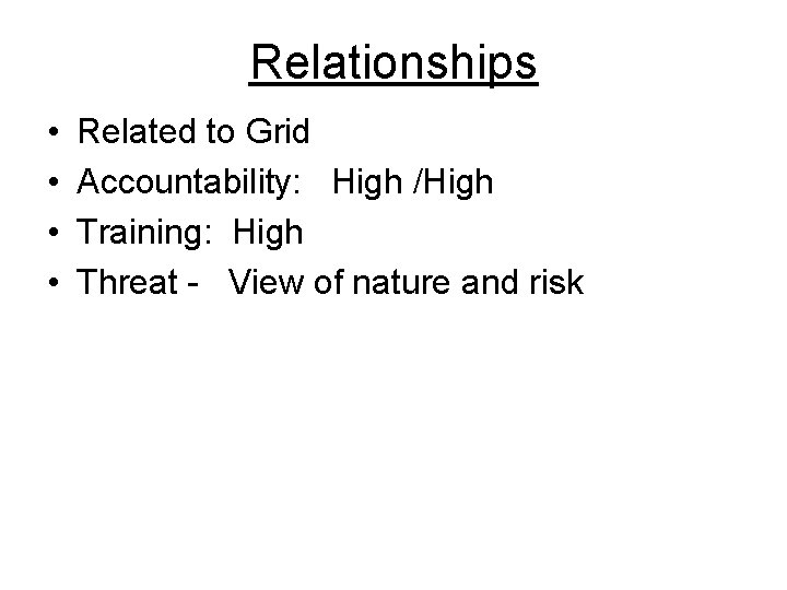 Relationships • • Related to Grid Accountability: High /High Training: High Threat - View