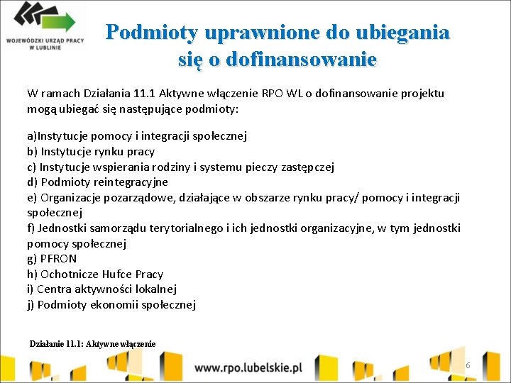 Podmioty uprawnione do ubiegania się o dofinansowanie W ramach Działania 11. 1 Aktywne włączenie