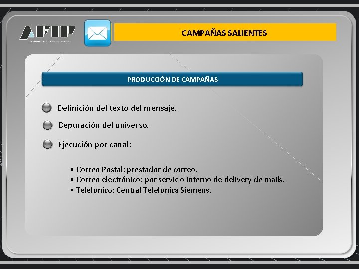 CAMPAÑAS SALIENTES PRODUCCIÓN DE CAMPAÑAS Definición del texto del mensaje. Depuración del universo. Ejecución