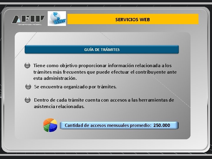 SERVICIOS WEB GUÍA DE TRÁMITES Tiene como objetivo proporcionar información relacionada a los trámites