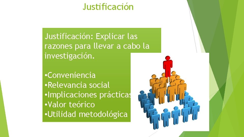 Justificación: Explicar las razones para llevar a cabo la investigación. • Conveniencia • Relevancia