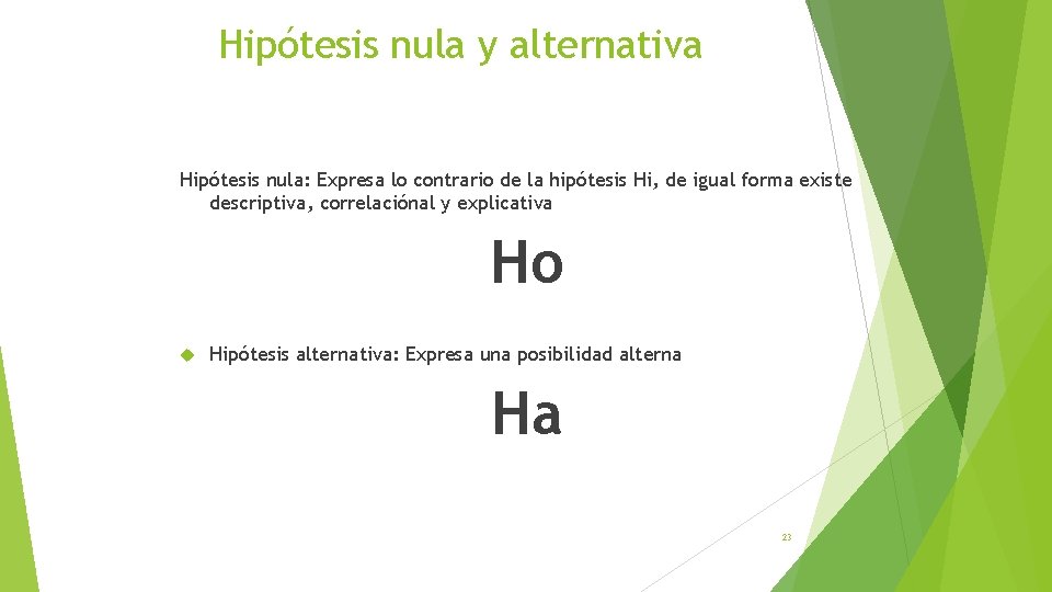Hipótesis nula y alternativa Hipótesis nula: Expresa lo contrario de la hipótesis Hi, de