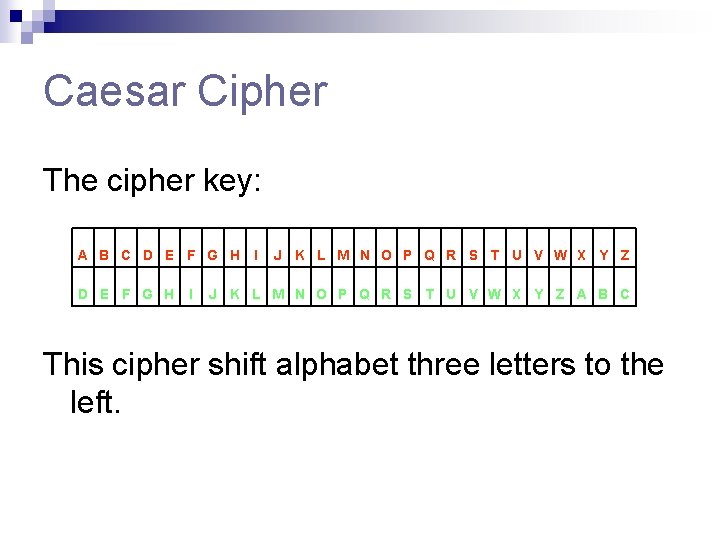 Caesar Cipher The cipher key: A B C D E F G H I