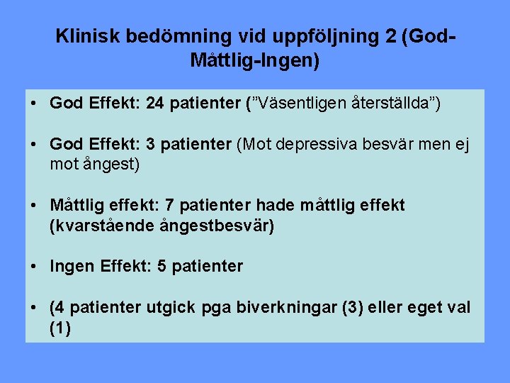 Klinisk bedömning vid uppföljning 2 (God. Måttlig-Ingen) • God Effekt: 24 patienter (”Väsentligen återställda”)