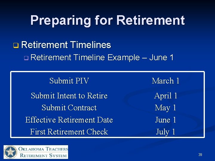 Preparing for Retirement q Retirement Timelines q Retirement Timeline Example – June 1 Submit