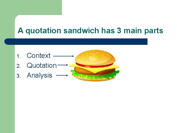 A quotation sandwich has 3 main parts 1. 2. 3. Context Quotation Analysis 