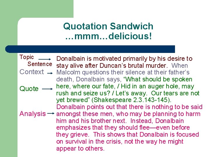 Quotation Sandwich …mmm…delicious! Topic Donalbain is motivated primarily by his desire to Sentence stay