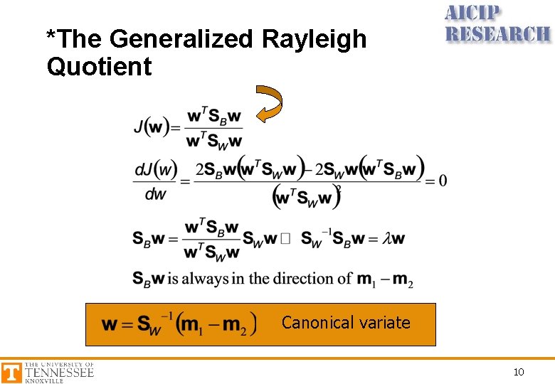 *The Generalized Rayleigh Quotient Canonical variate 10 