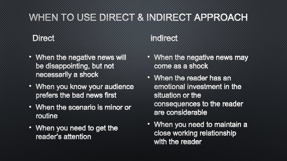 WHEN TO USE DIRECT & INDIRECT APPROACH DIRECT • WHEN THE NEGATIVE NEWS WILL