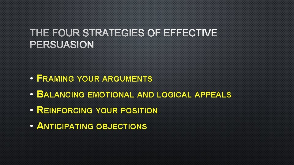 THE FOUR STRATEGIES OF EFFECTIVE PERSUASION • FRAMING YOUR ARGUMENTS • BALANCING EMOTIONAL AND
