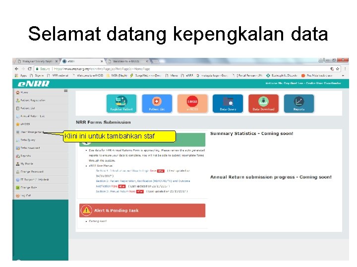 Selamat datang kepengkalan data Klini untuk tambahkan staf 