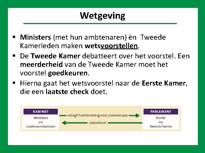 Politiek Wetgeving Ministers (met hun ambtenaren) èn Tweede Kamerleden maken wetsvoorstellen. De Tweede Kamer