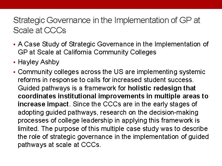 Strategic Governance in the Implementation of GP at Scale at CCCs • A Case