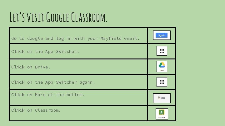 Let’s visit Google Classroom. Go to Google and log in with your Mayfield email.
