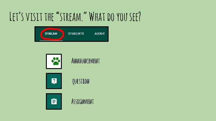 Let’s visit the “stream. ” What do you see? Announcement question Assignment 