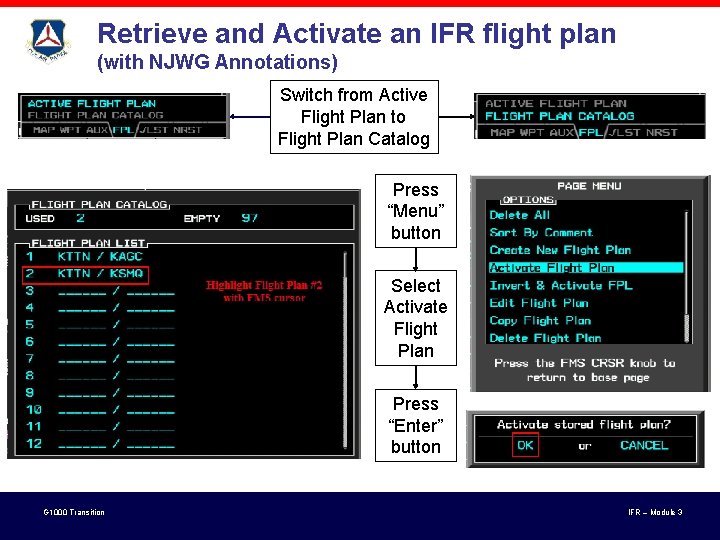 Retrieve and Activate an IFR flight plan (with NJWG Annotations) Switch from Active Flight