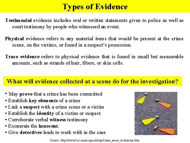 Types of Evidence Testimonial evidence includes oral or written statements given to police as