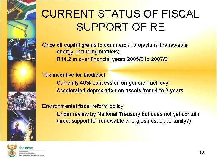 CURRENT STATUS OF FISCAL SUPPORT OF RE Once off capital grants to commercial projects
