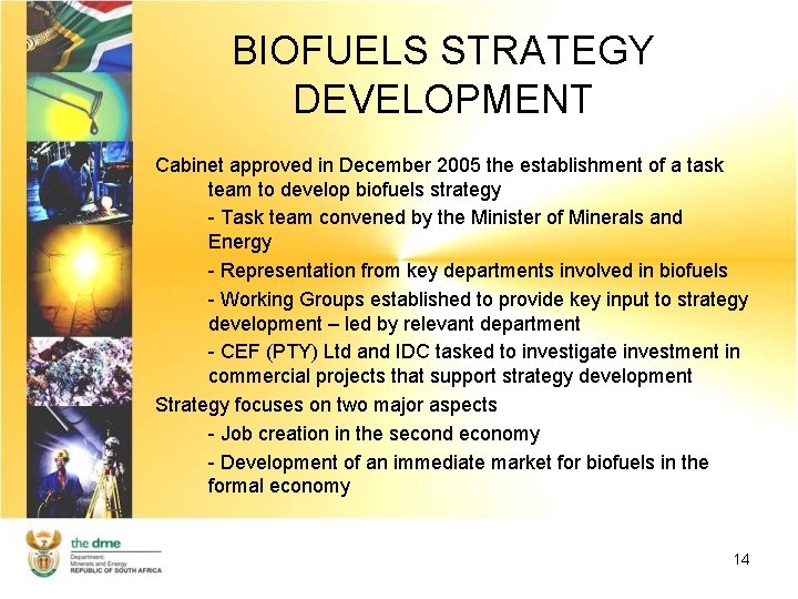 BIOFUELS STRATEGY DEVELOPMENT Cabinet approved in December 2005 the establishment of a task team