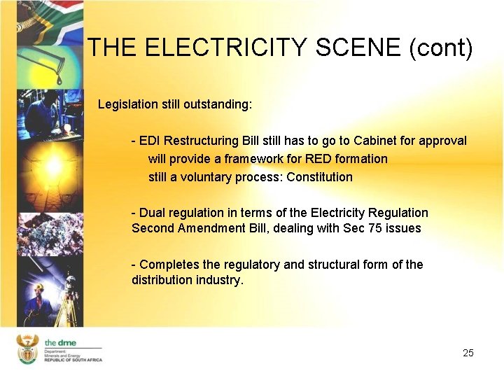 THE ELECTRICITY SCENE (cont) Legislation still outstanding: - EDI Restructuring Bill still has to