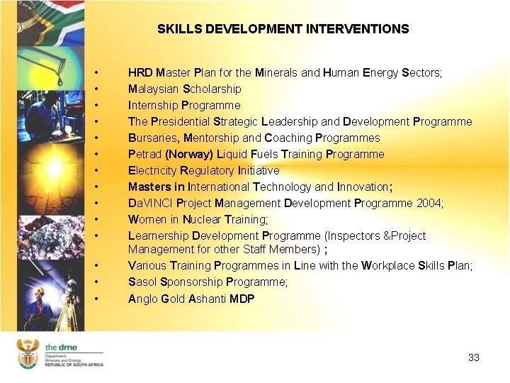 SKILLS DEVELOPMENT INTERVENTIONS • • • • HRD Master Plan for the Minerals and
