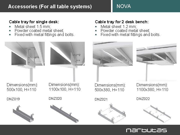 NOVA Accessories (For all table systems) Cable tray for single desk: § Metal sheet