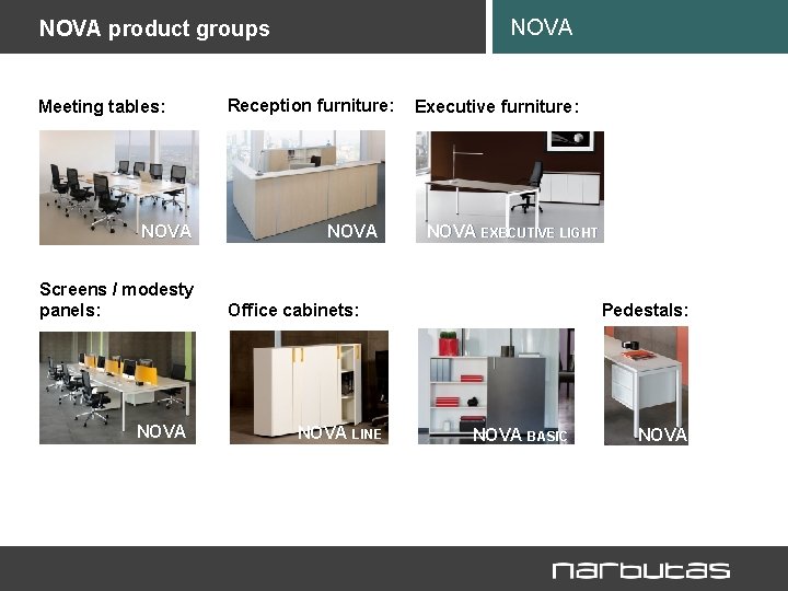 NOVA product groups Meeting tables: NOVA Screens / modesty panels: NOVA Reception furniture: NOVA