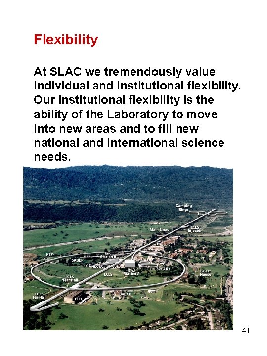 Flexibility At SLAC we tremendously value individual and institutional flexibility. Our institutional flexibility is