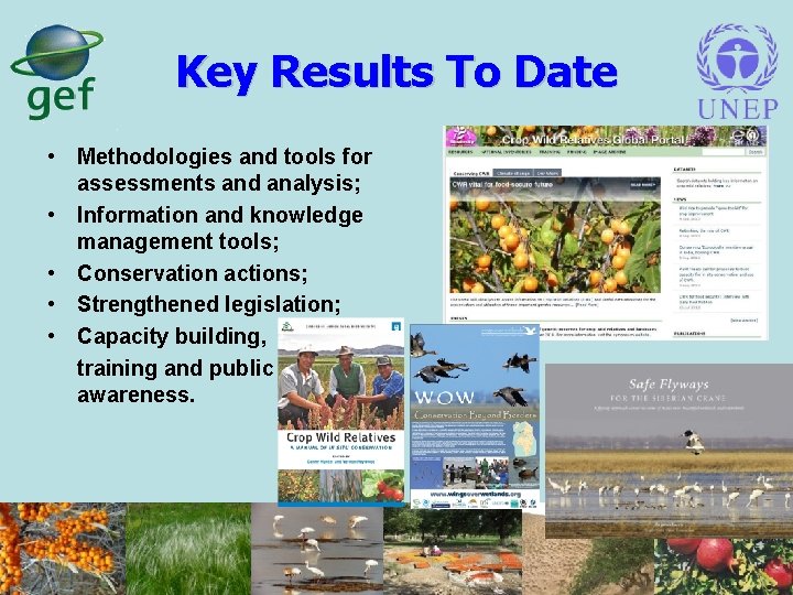 Key Results To Date • Methodologies and tools for assessments and analysis; • Information