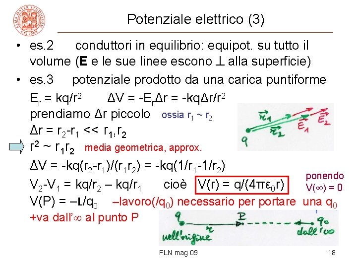 Potenziale elettrico (3) • es. 2 conduttori in equilibrio: equipot. su tutto il volume