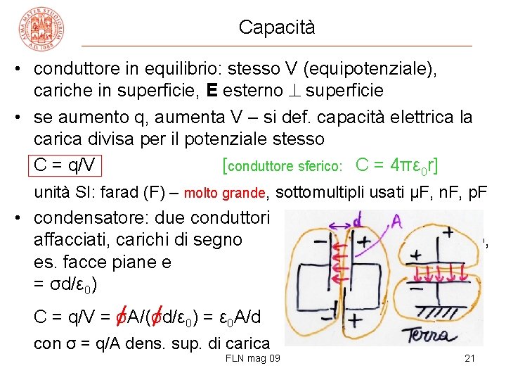 Capacità • conduttore in equilibrio: stesso V (equipotenziale), cariche in superficie, E esterno superficie