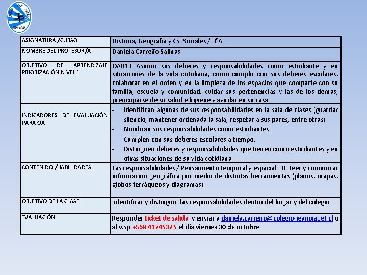 ASIGNATURA /CURSO Historia, Geografía y Cs. Sociales / 3°A NOMBRE DEL PROFESOR/A Daniela Carreño
